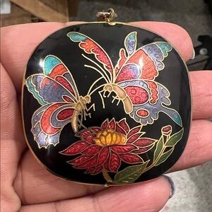#26 Enamel Butterfly & Flower Pendant - Black Background, Multicolor Inlay